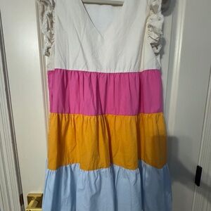 THML White and Pink Sleeveless Tiered Midi Dress